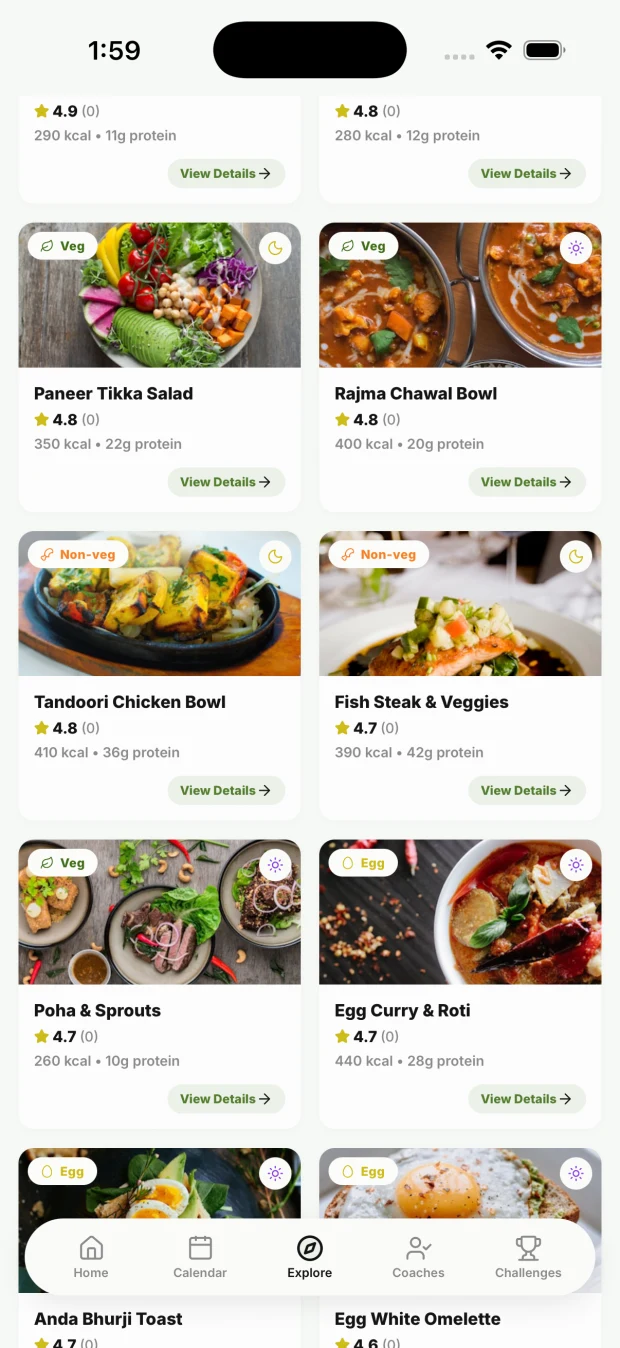 The dish menu in the Meal Molecule app