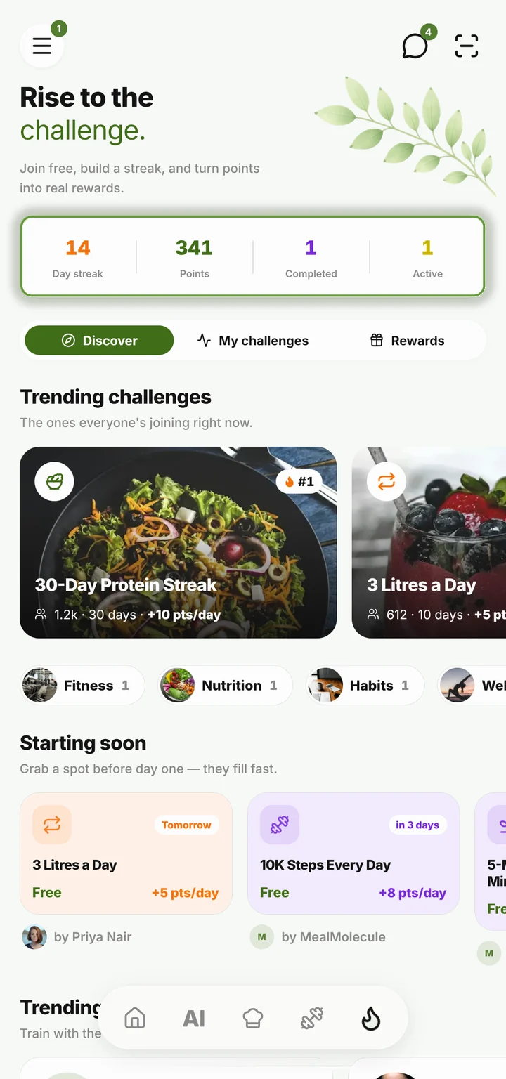 The Challenges tab, the points bar ringed: 14-day streak, 341 points