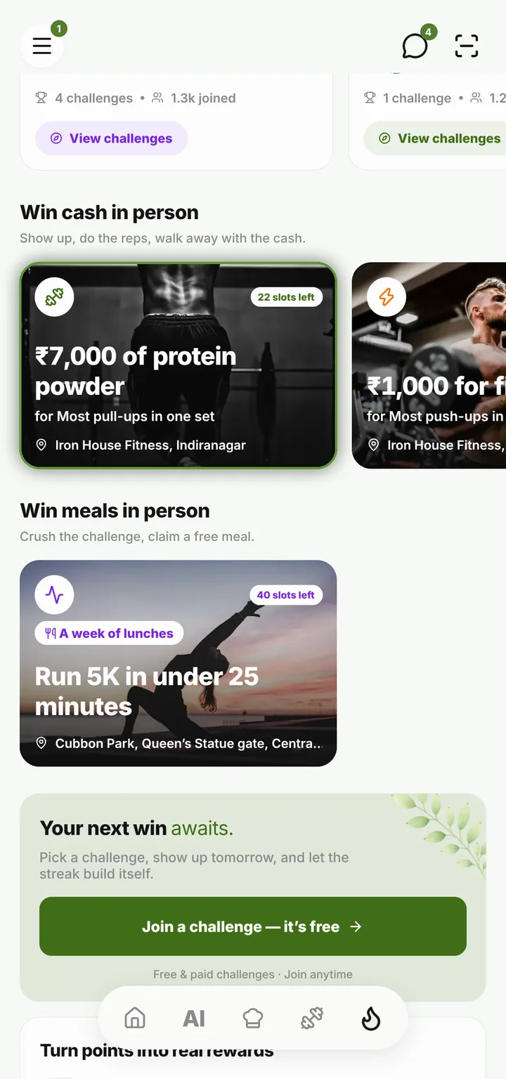 The Challenges tab, “Win cash in person”: the pull-ups challenge at Iron House ringed, ₹7,000 of protein powder