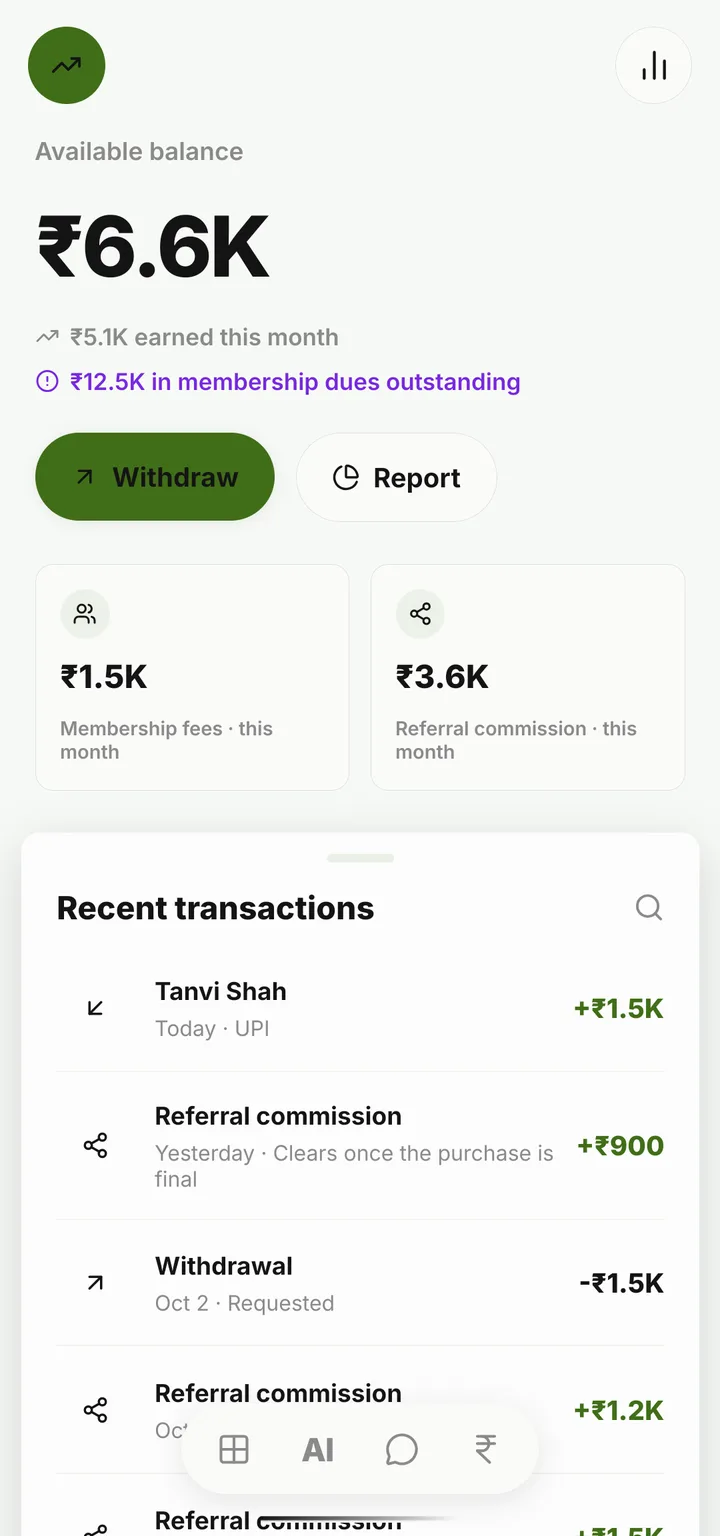 Earnings: the balance, membership fees and referral commission