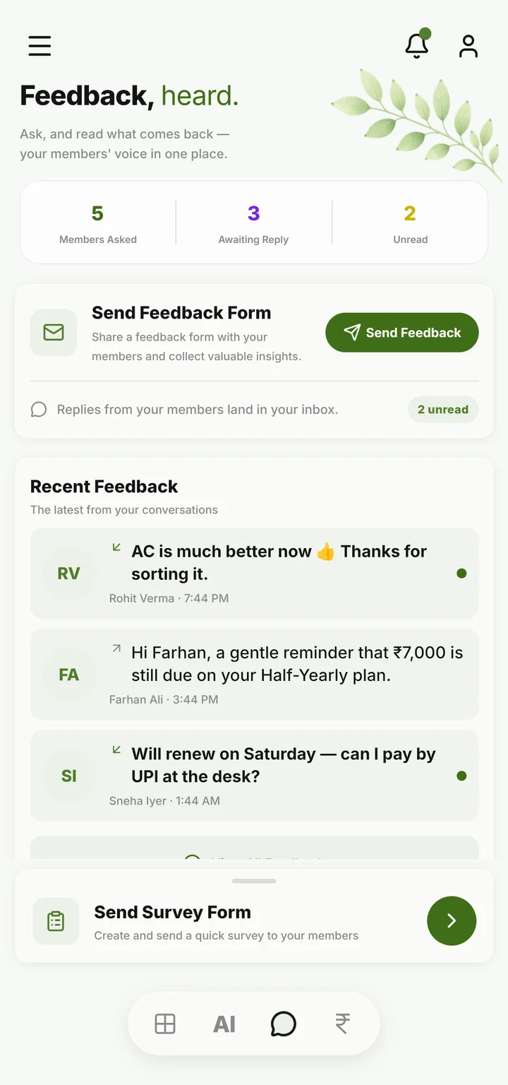 The Feedback tab: 5 members asked, 3 awaiting reply, 2 unread, and the latest replies