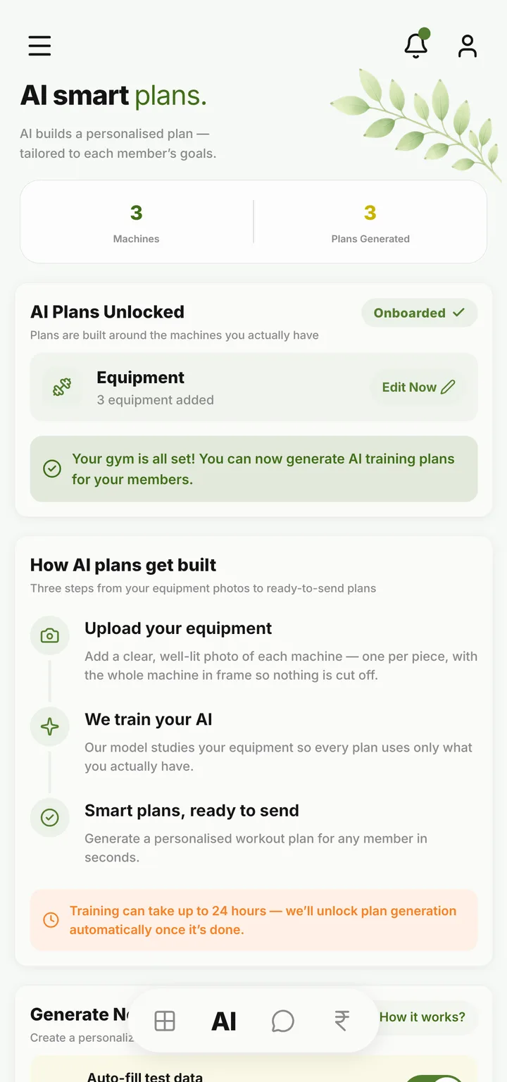 The Generate tab: AI plans built from the gym’s own equipment