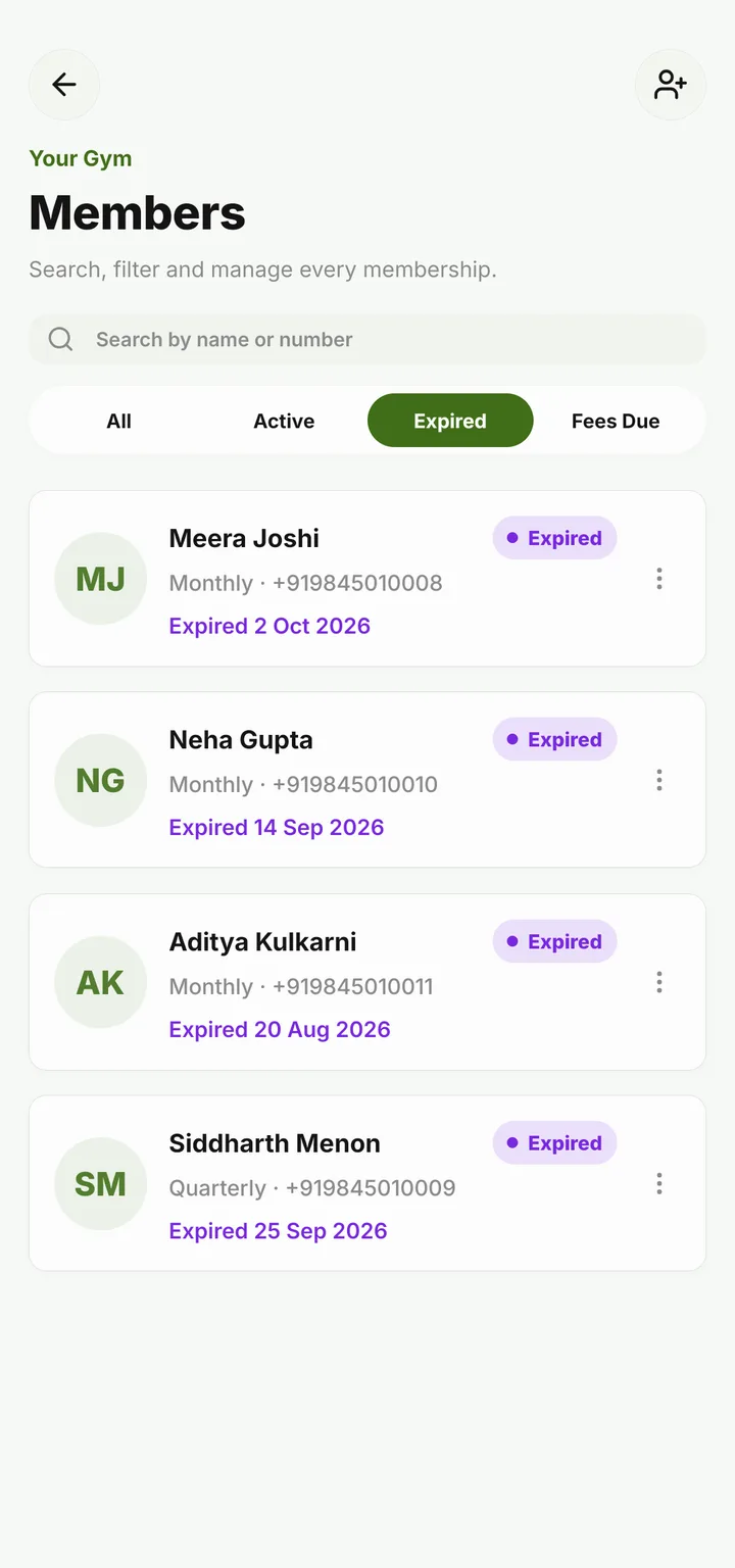 The Members list filtered to Expired: four lapsed members