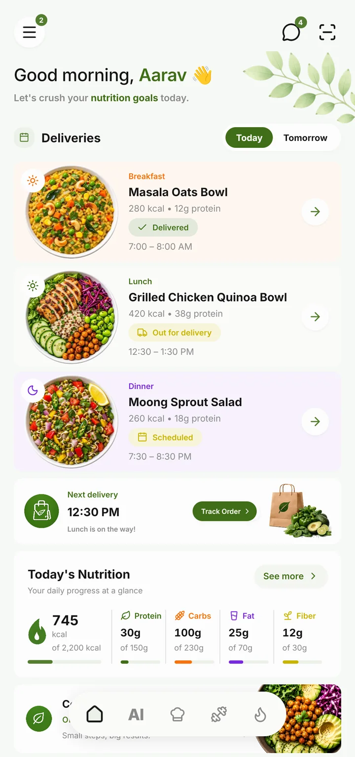 Today in the app: the day’s deliveries and nutrition